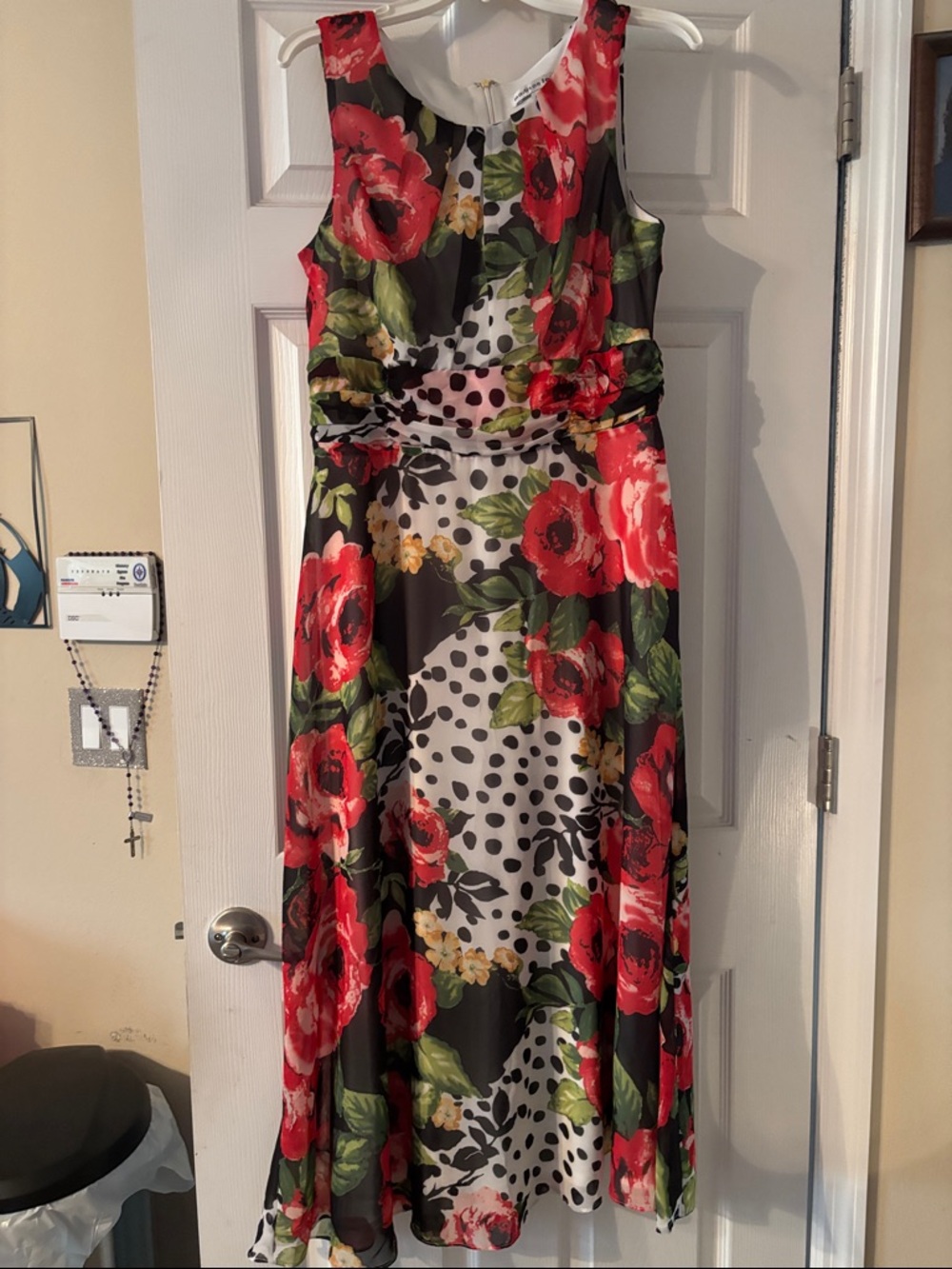Madison Black Maxi Dress with Red Floral & Polka Dot Accents